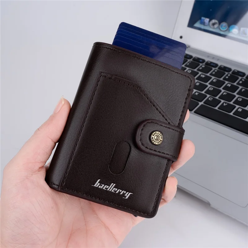 BAELLERRY K9217 Cartera de tarjetas de cuero PU + metal para hombre con bloqueo RFID - Café
