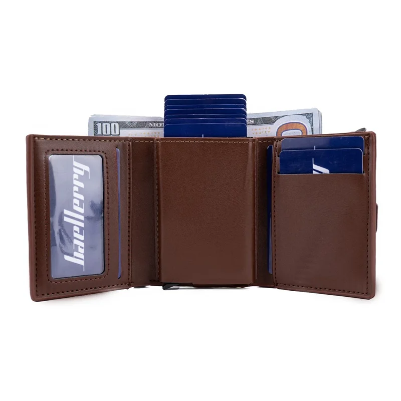 BAELLERRY K9218 RFID Blocking PU Leather Billfold Wallet Aluminum Pop-Up Card Holder - Brown
