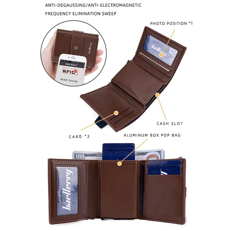 BAELLERRY K9218 RFID Blocking PU Leather Billfold Wallet Aluminum Pop-Up Card Holder - Brown