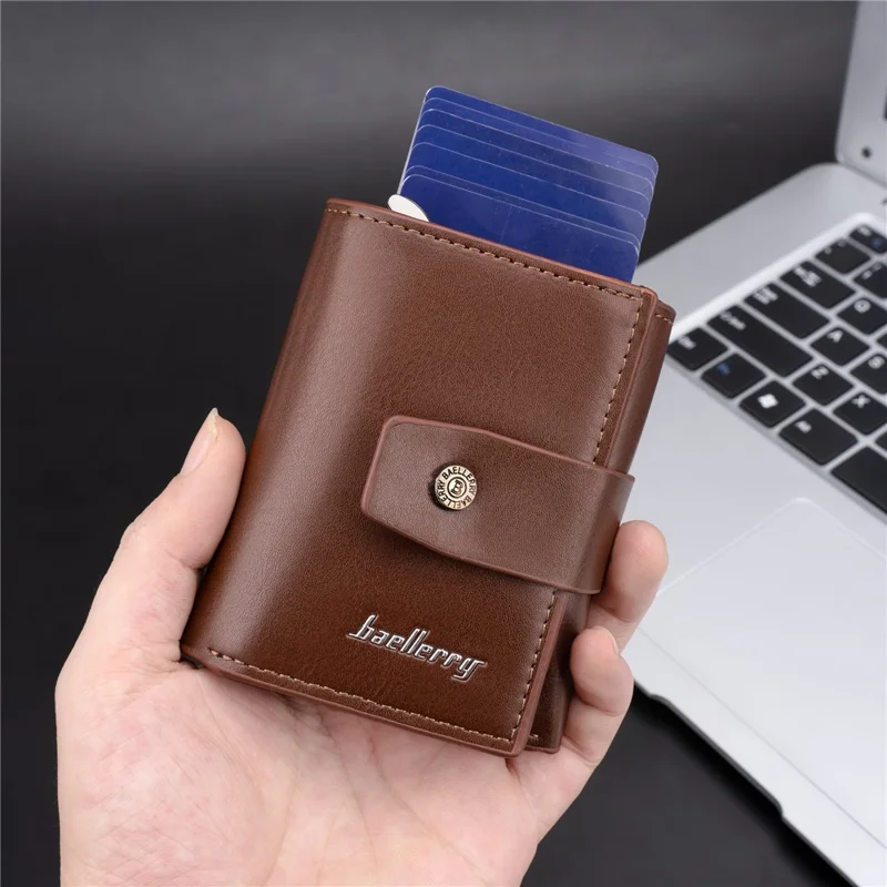 BAELLERRY K9218 RFID Blocking PU Leather Billfold Wallet Aluminum Pop-Up Card Holder - Brown