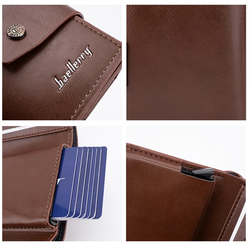 BAELLERRY K9218 RFID Blocking PU Leather Billfold Wallet Aluminum Pop-Up Card Holder - Coffee