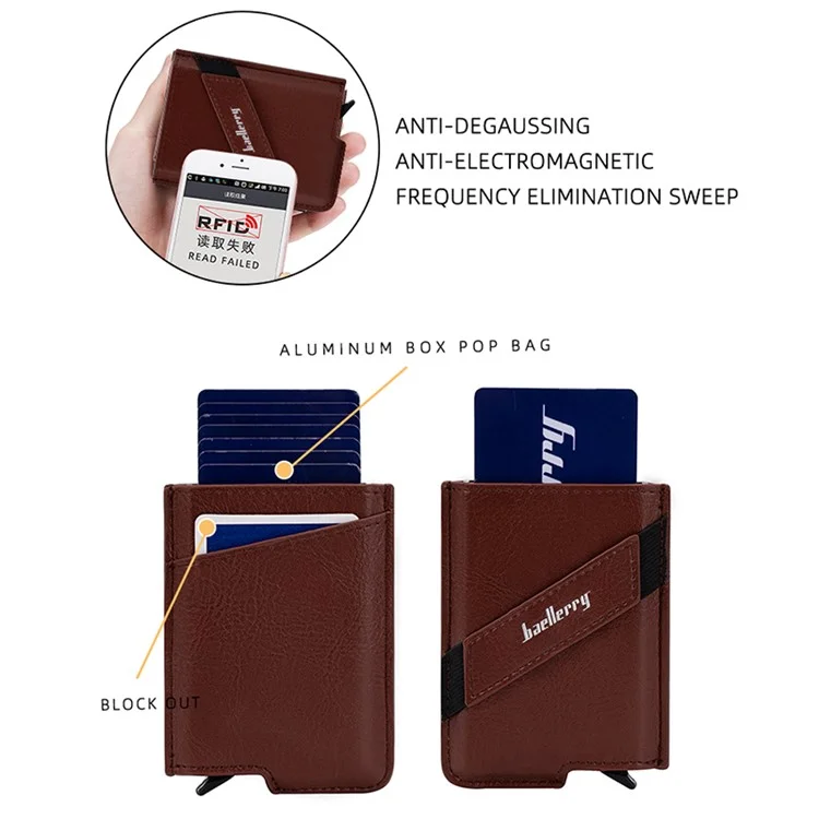 BAELLERRY K9219 Porta-cartões Pop-up para homens com bloqueio RFID de couro PU e metal - Castanho