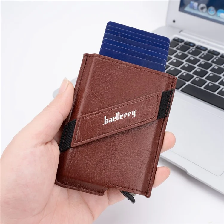 BAELLERRY K9219 Porta-cartões Pop-up para homens com bloqueio RFID de couro PU e metal - Castanho