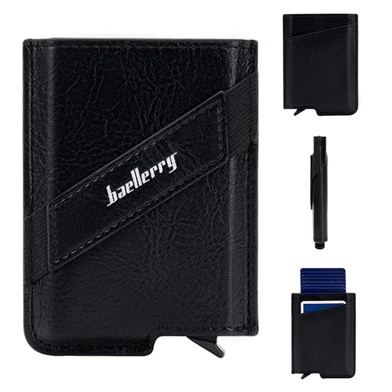 BAELLERRY K9219 Pop-up Men's RFID Blocking Card Holder PU Leather+Metal Card Carrying Case - Black