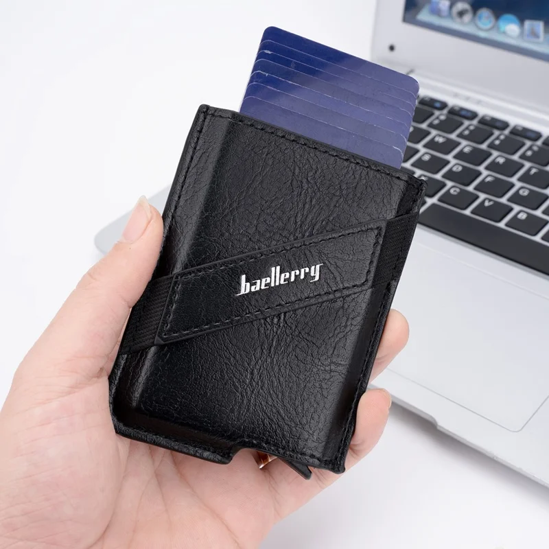 BAELLERRY K9219 Pop-up Men's RFID Blocking Card Holder PU Leather+Metal Card Carrying Case - Black