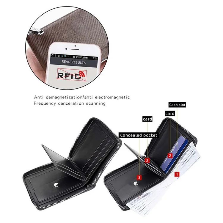 BAELLERRY D5107 Portafoglio retrò in pelle RFID con blocco per uomo Portamonete con cerniera in pelle PU - Nero