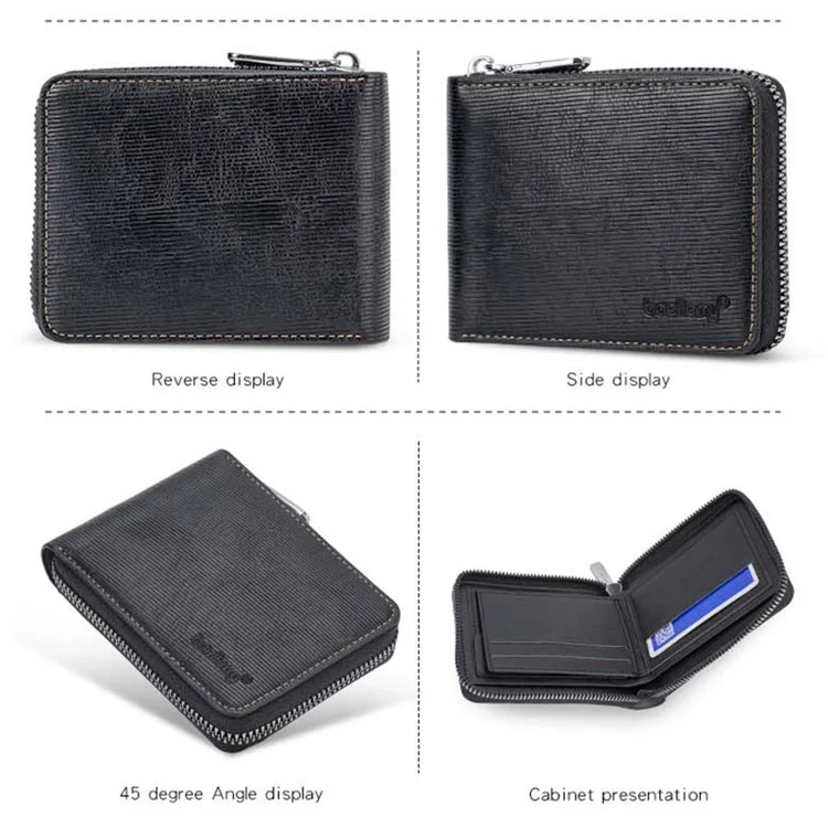 BAELLERRY D5107 Portafoglio retrò in pelle RFID con blocco per uomo Portamonete con cerniera in pelle PU - Nero
