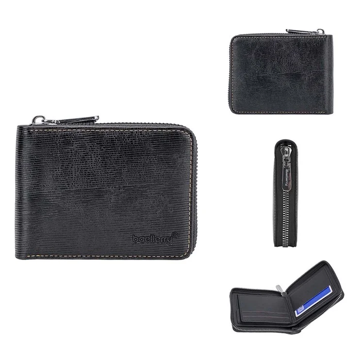 BAELLERRY D5107 Portafoglio retrò in pelle RFID con blocco per uomo Portamonete con cerniera in pelle PU - Nero