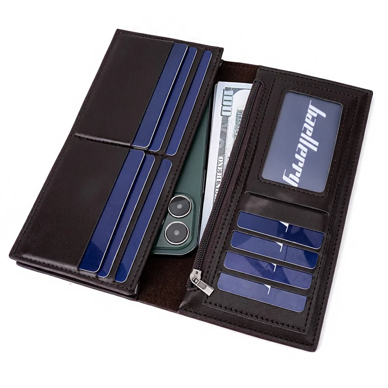 BAELLERRY C3023 PU Leather Long Wallet Men's Phone Storage Bag Card Holder Zipper Billfold Purse - Marrone