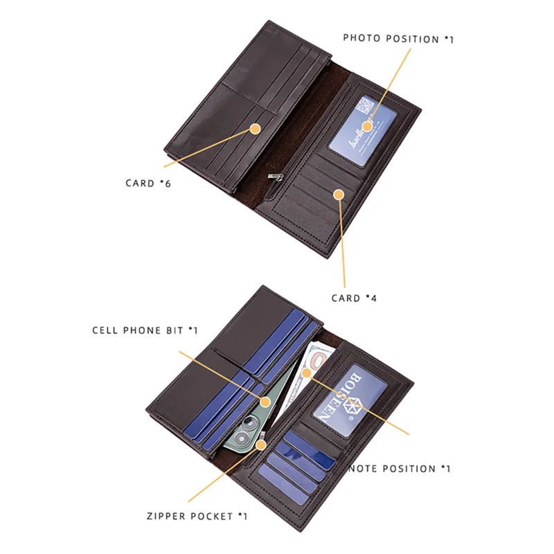 BAELLERRY C3023 PU Leather Long Wallet Men's Phone Storage Bag Card Holder Zipper Billfold Purse - Marrone