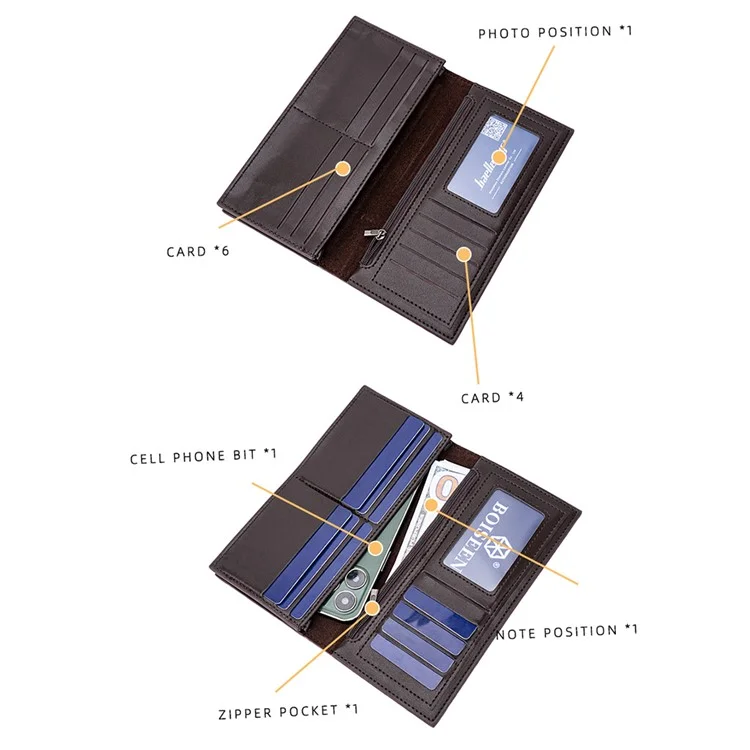 BAELLERRY C3024 Ultra-fine Long Wallet for Men, Sac de Rangement pour Téléphone en Cuir PU, Porte-Cartes Billfold Purse - Café