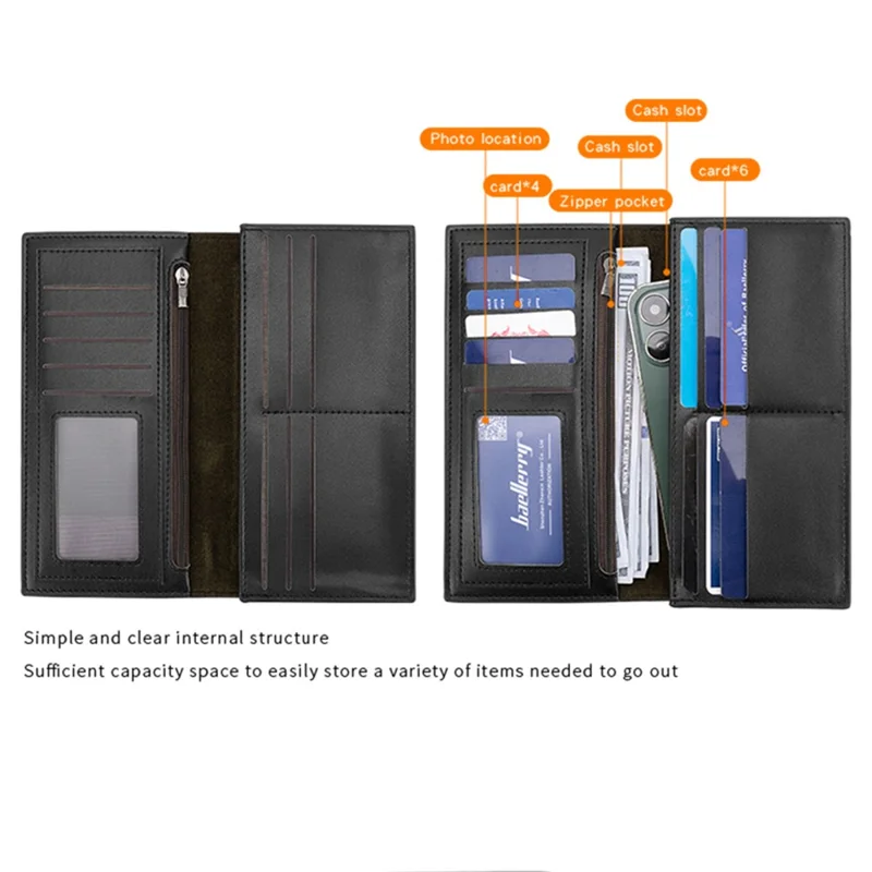 BAELLERRY C3025 Matte Long Wallet for Men, Card Holder Billfold PU Leather Phone Storage Pouch - Black
