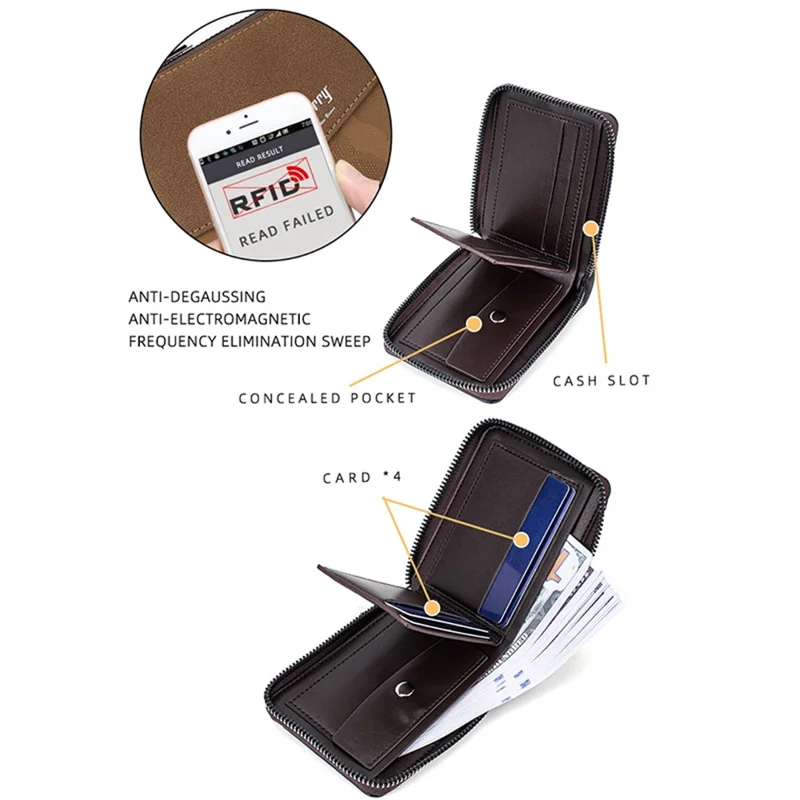 BAELLERRY D5106 Men's Retro RFID Blocking Wallet Card Holder Coin Purse Bag Zipper PU Leather Billfold - Light Brown
