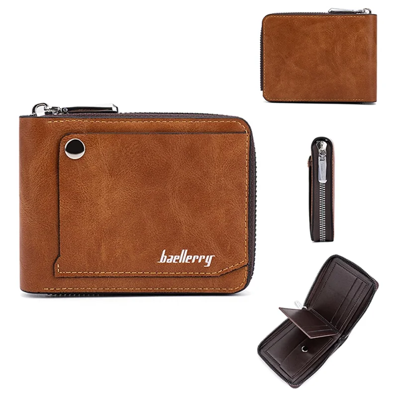 BAELLERRY D5102 PU Leather Card Holder Billfold Men's Retro RFID Blocking Zipper Wallet - Light Brown