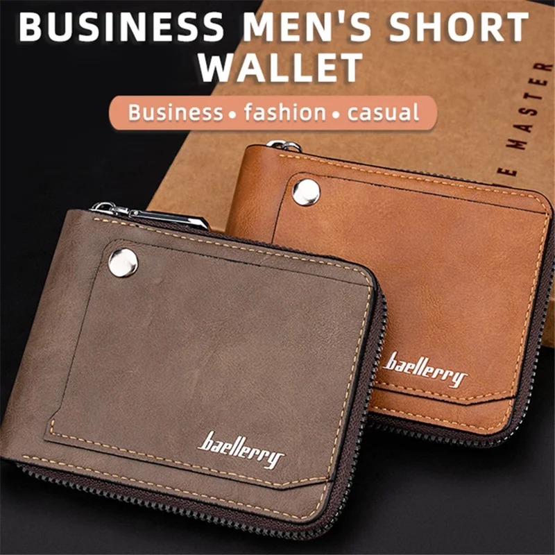 BAELLERRY D5102 PU Leather Card Holder Billfold Men's Retro RFID Blocking Zipper Wallet - Light Brown