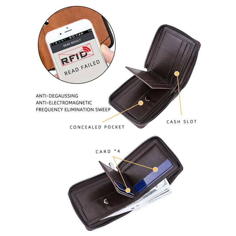 BAELLERRY D5102 PU Leather Card Holder Billfold Men's Retro RFID Blocking Zipper Wallet - Light Brown