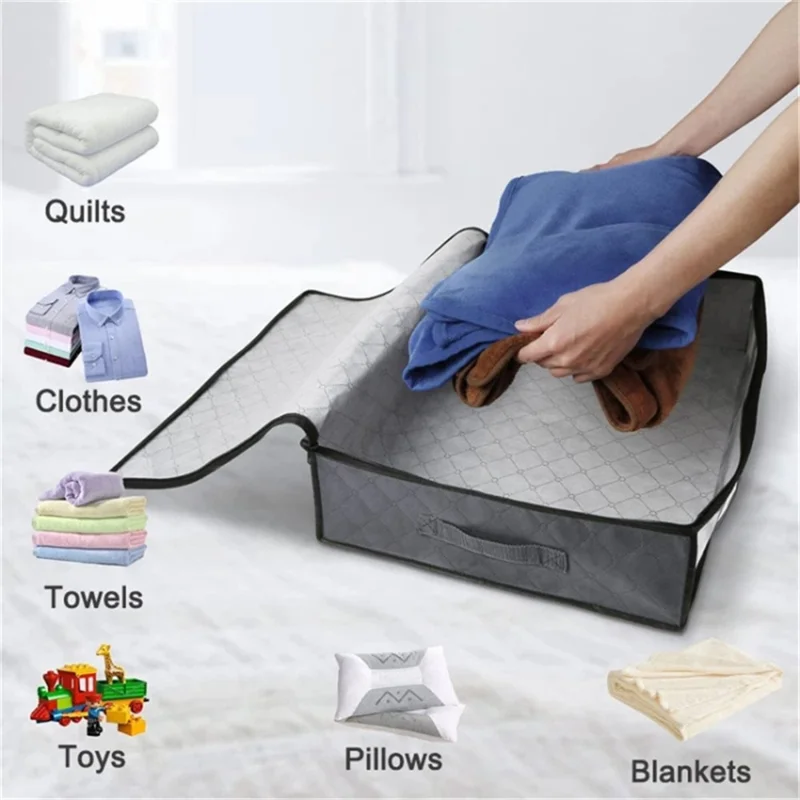 4 Handle Design Non-woven Fabric Foldable Clothing Storage Bag Blanket Clothes Toys Storage Bag - Grey
