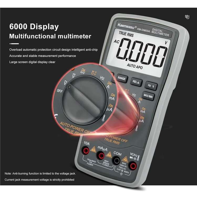 KAEMEASU KM-DM03A High Precision Digital Multimeter 6000 Count Display AC / DC Smart Tester, without Battery