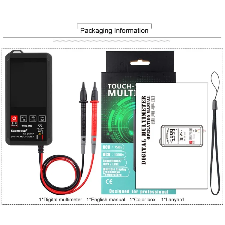 KAEMEASU KM-DM06A Multimetro Digitale a Schermo Tattile Portatile Bianco Retroilluminato Tester di Tensione AC / DC Senza Batteria