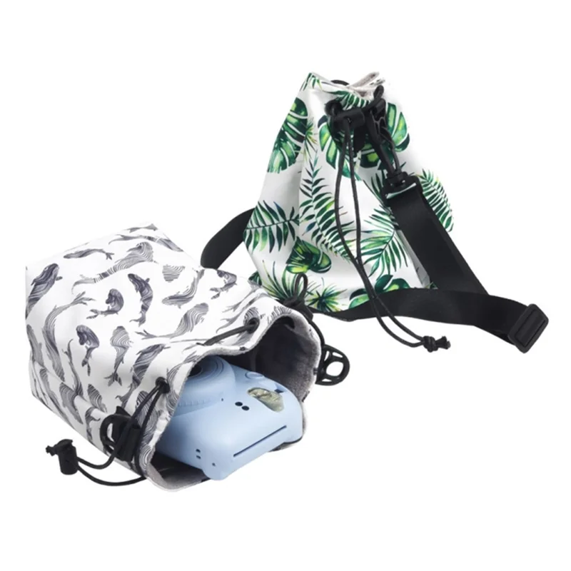 Printing Waterproof Drawstring Camera Bag for Instant Cameras Versatile Storage Bag - Green Leaf
