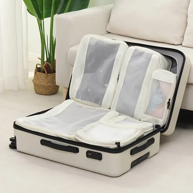 6Pcs Travel Luggage Organizer Compression Packing Cubes Set Suitcase Storage Bag - White