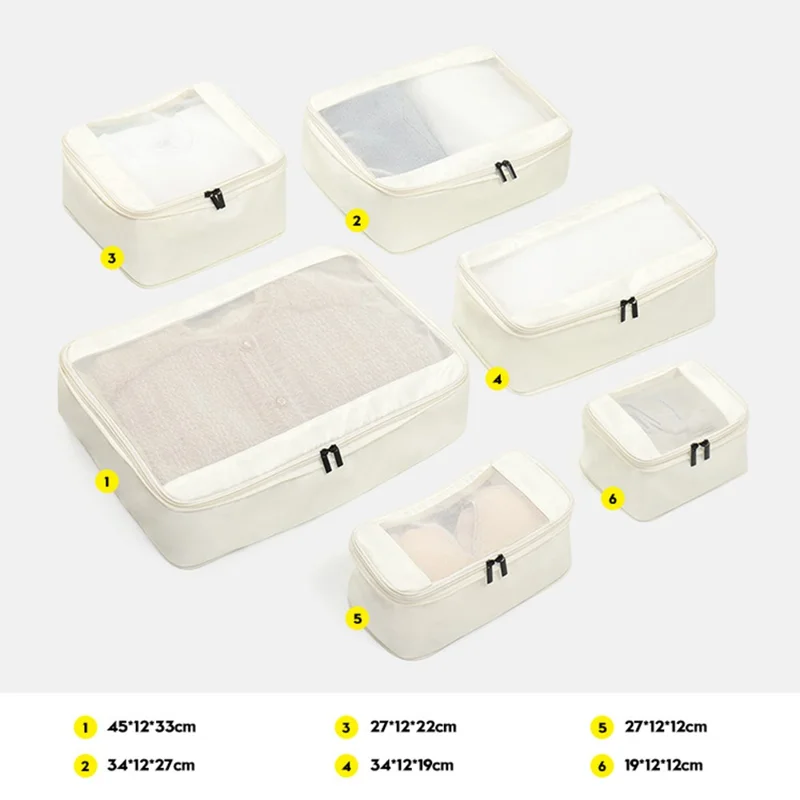 6Pcs Travel Luggage Organizer Compression Packing Cubes Set Suitcase Storage Bag - White