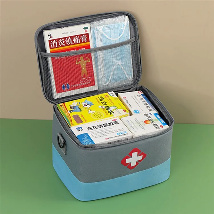26 x 20 x 18cm Portable Medicine Bag Pill Bottle Storage Organizer Medicine First Aid Box Empty with Strap, Size: M - Blue / Grey