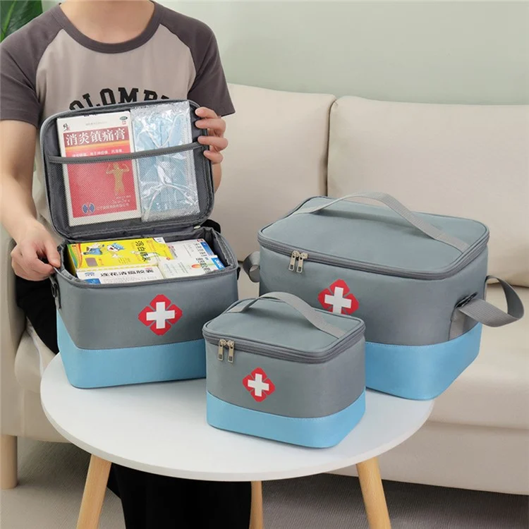 26 x 20 x 18cm Portable Medicine Bag Pill Bottle Storage Organizer Medicine First Aid Box Empty with Strap, Size: M - Blue / Grey