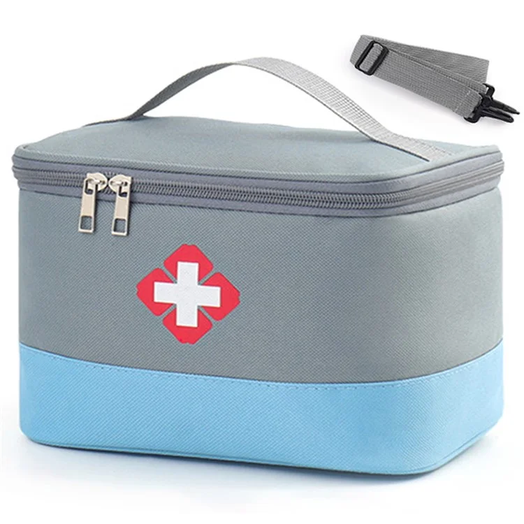 Sac de rangement pour médicaments de 30 x 24 x 20 cm avec sangle, organisateur portable de bouteilles de pilules, boîte de premiers soins pour la maison et les voyages, Taille : L - Bleu / Gris
