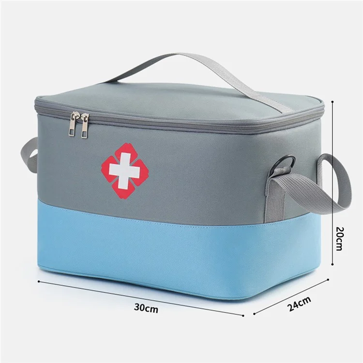 Sac de rangement pour médicaments de 30 x 24 x 20 cm avec sangle, organisateur portable de bouteilles de pilules, boîte de premiers soins pour la maison et les voyages, Taille : L - Bleu / Gris