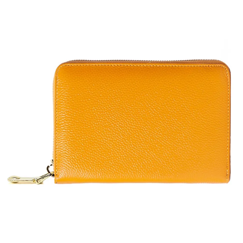 1626 First Layer Cowhide Small Wallet RFID Blocking Card Bag Zipper Coin Purse - Yellow