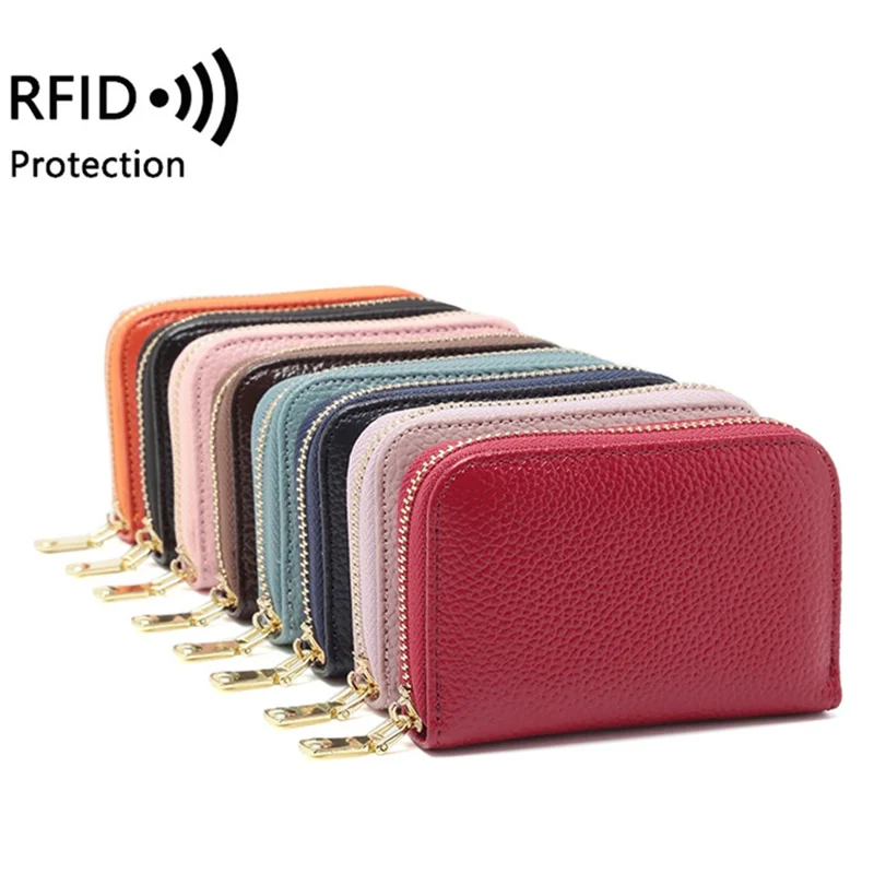 1626 First Layer Cowhide Small Wallet RFID Blocking Card Bag Zipper Coin Purse - Yellow