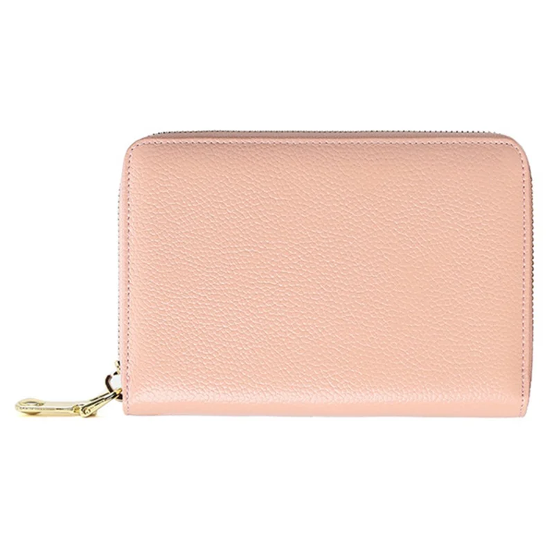 1626 First Layer Cowhide Small Wallet RFID Blocking Card Bag Zipper Coin Purse - Baby Pink