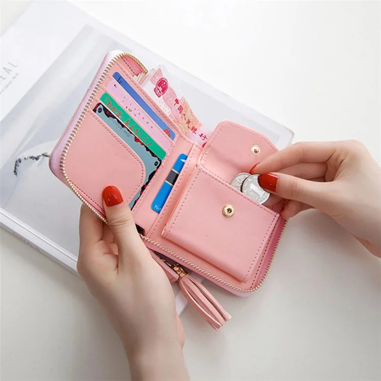 1604 PU Leather Women Small Wallet Zipper Coin Purse with Tassel Pendant - Pink