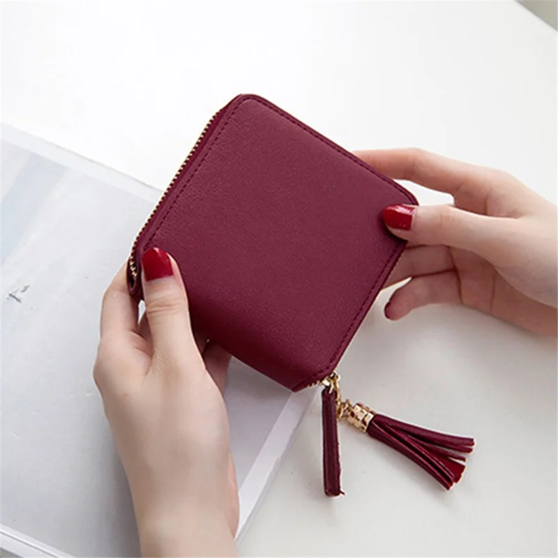 1604 PU Leather Women Small Wallet Zipper Coin Purse with Tassel Pendant - Pink