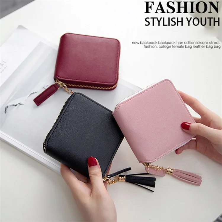 1604 PU Leather Women Small Wallet Zipper Coin Purse with Tassel Pendant - Pink