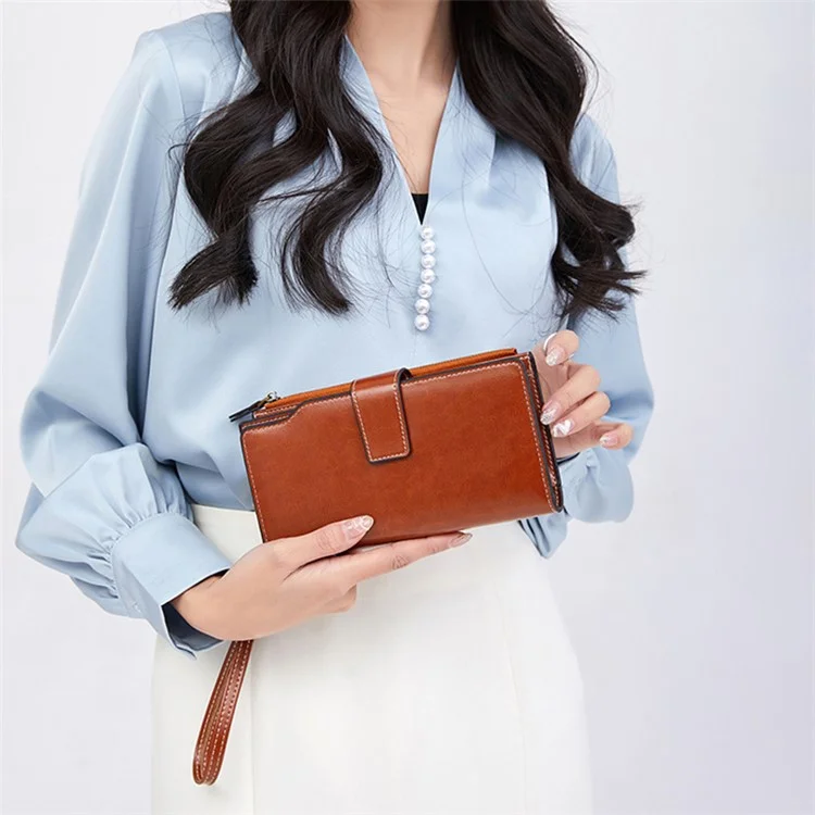 1669 RFID Blocking Women Long Wallet Retro PU Leather Clutch Purse - Marrone