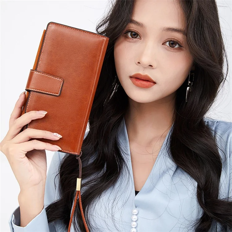 1669 RFID Blocking Women Long Wallet Retro PU Leather Clutch Purse - Marrone