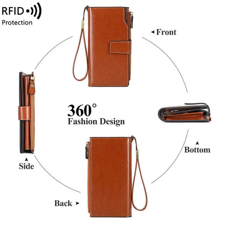 1669 RFID Blocking Women Long Wallet Retro PU Leather Clutch Purse - Marrone