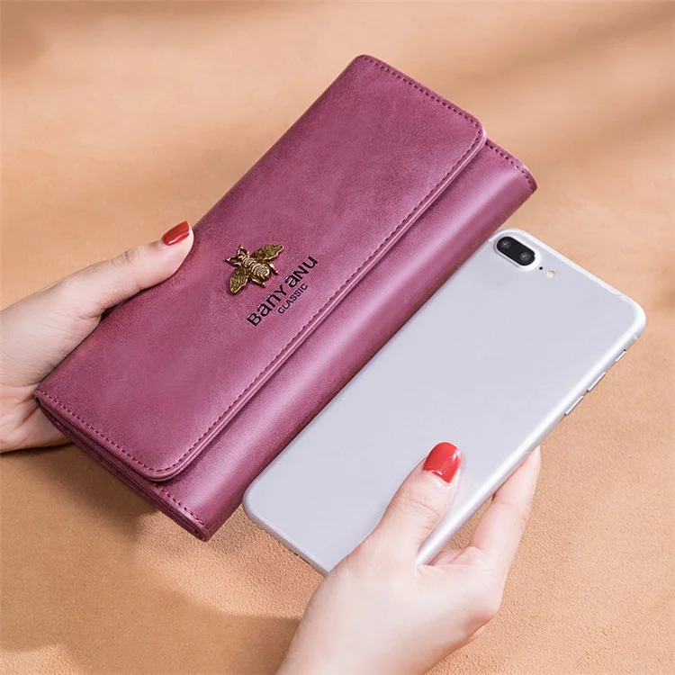 BANYANU BYN-8095 Retro Women Long Wallet Second-layer Cowhide Clutch Purse - Wine Red