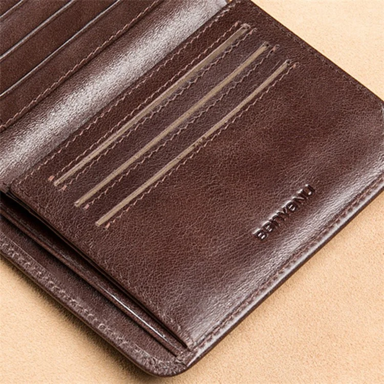 BANYANU N996 Carteira Curta Masculina de Couro de Vaca Tri-fold - Couro Encerado de Vaca / Café