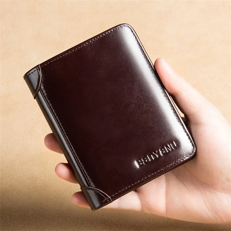 BANYANU N996 Carteira Curta Masculina de Couro de Vaca Tri-fold - Couro Encerado de Vaca / Café
