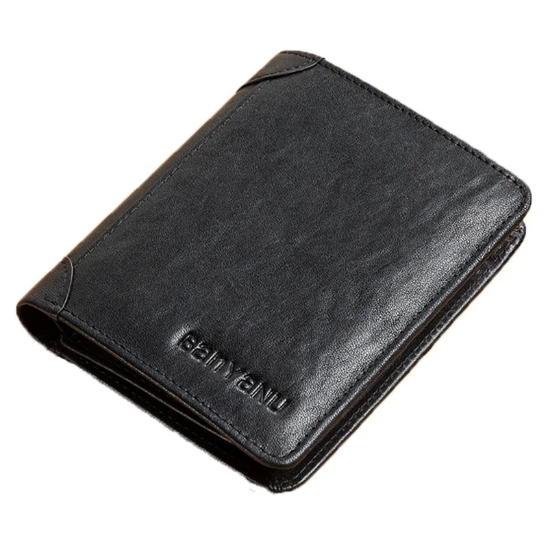 BANYANU N996 Cowhide Men Tri-fold Short Wallet Card Cash Carrying Bag - Vegetable Tanned Cowhide / Black