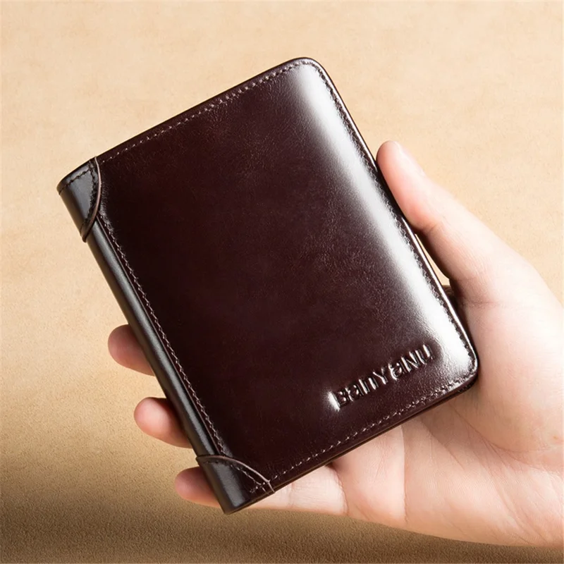 BANYANU N996 Cowhide Men Tri-fold Short Wallet Card Cash Carrying Bag - Vegetable Tanned Cowhide / Black