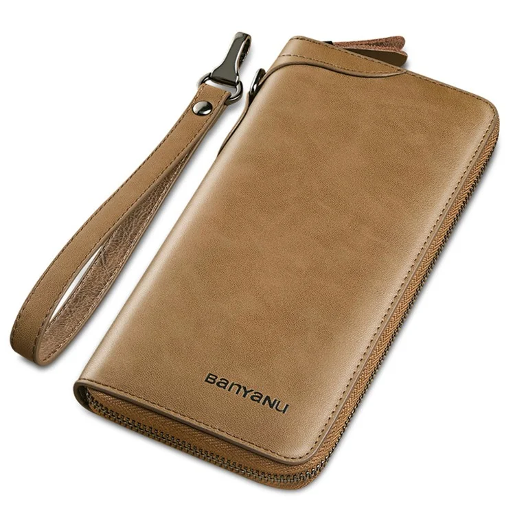 BANYANU N991 Portefeuille en cuir de vache huilé et ciré pour hommes Portefeuille zippé de grande capacité - Kaki 