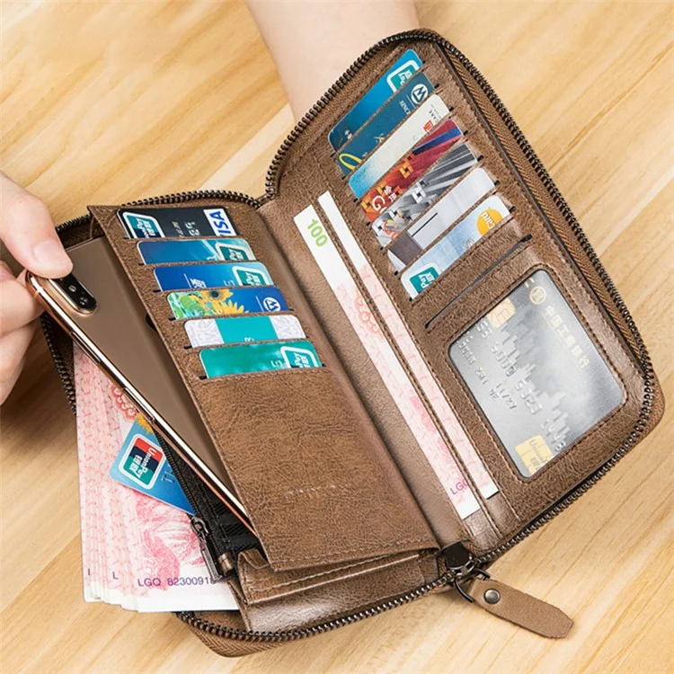 BANYANU N991 Portefeuille en cuir de vache huilé et ciré pour hommes Portefeuille zippé de grande capacité - Kaki 