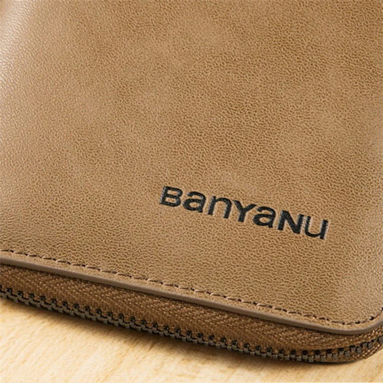 BANYANU N991 Portefeuille en cuir de vache huilé et ciré pour hommes Portefeuille zippé de grande capacité - Kaki 