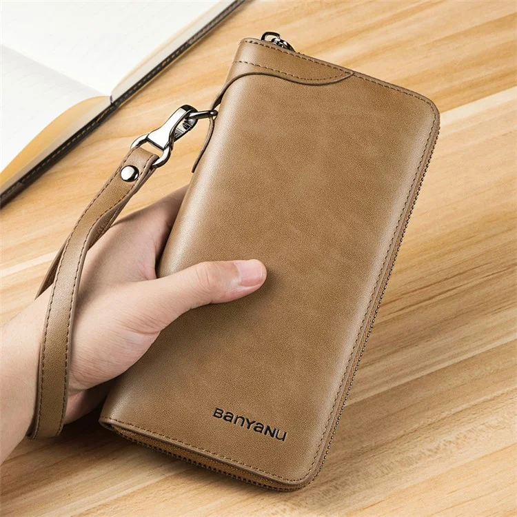 BANYANU N991 Portefeuille en cuir de vache huilé et ciré pour hommes Portefeuille zippé de grande capacité - Kaki 