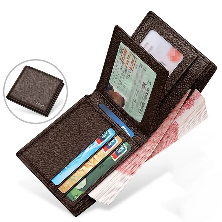 BANYANU N887 Carteira de Couro de Vaca de Primeira Camada Masculina de Bolso Curto - Bolsa de Armazenamento de Dinheiro e Cartão em Trifold - Café