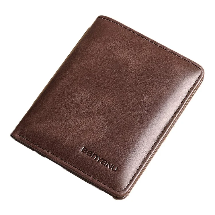 BANYANU N776 Carteira Curta de Couro de Boi para Homens - Ultra-fina Bolsa de Armazenamento de Dinheiro e Cartão - Couro Retro / Café